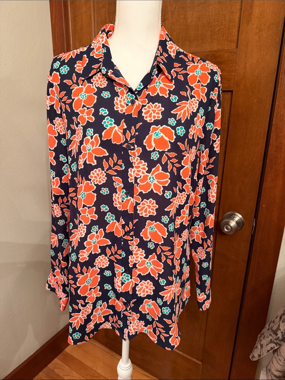 Banana Republic Navy Button-Down Shirt with Coral Floral Prin